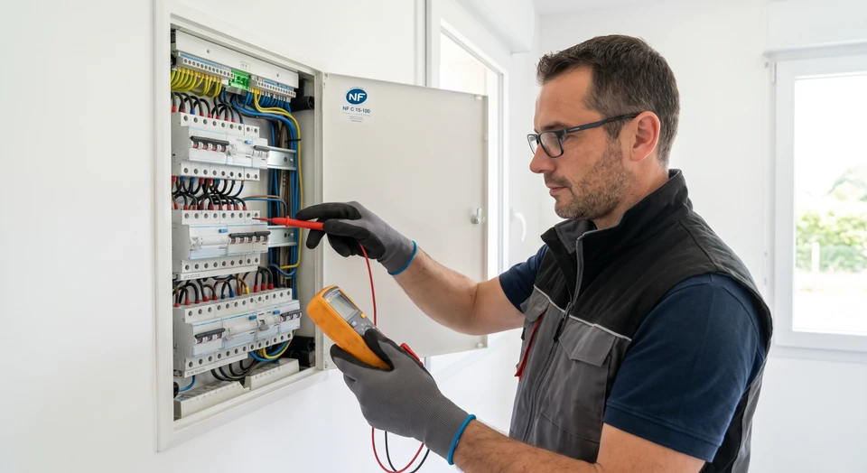 Électricien effectuant des mesures électriques dans un local technique avec mur en briques apparentes
