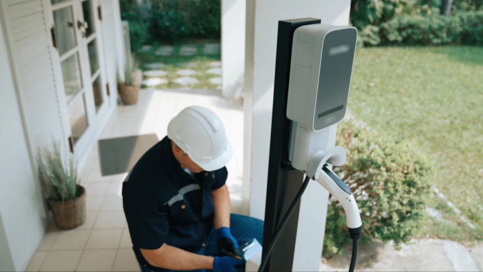 Technicien qualifié travaillant sur l'installation de la station de charge EV à domicile, faisant le dépannage et la configuration sur le système de charge avec l'écran d'ordinateur portable vide pour EV à la maison
