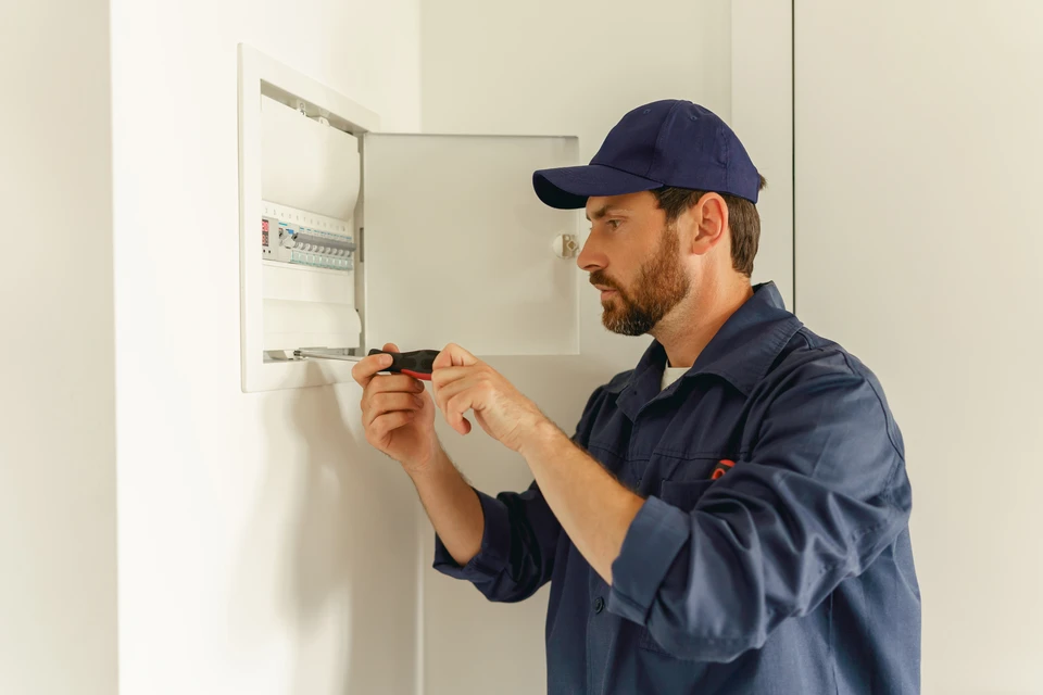 Électricien professionnel en gants de protection installant des prises électriques murales dans un intérieur résidentiel