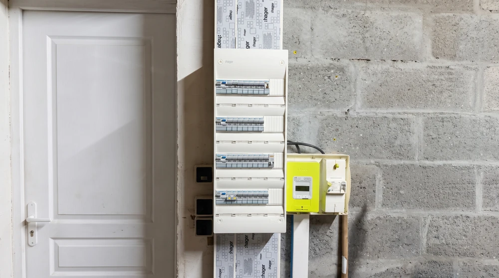 Électricien professionnel effectuant des mesures électriques dans un intérieur résidentiel