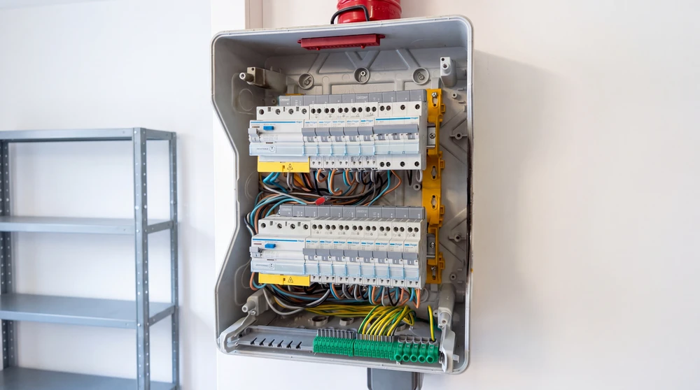 Électricien professionnel effectuant un diagnostic ou une rénovation de tableau électrique résidentiel. Le technicien, en tenue professionnelle, travaille sur un tableau électrique mural dans une habitation ou un petit bâtiment tertiaire, utilisant un multimètre ou des outils professionnels pour vérifier la conformité de l'installation. L'image doit montrer clairement le contexte du bâtiment (mur, tableau de répartition) et transmettre la sérieux et la conformité aux normes.