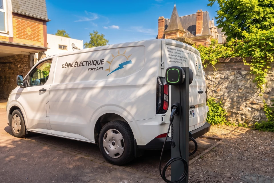 Électricien effectuant des mesures électriques dans un local technique avec mur en briques apparentes